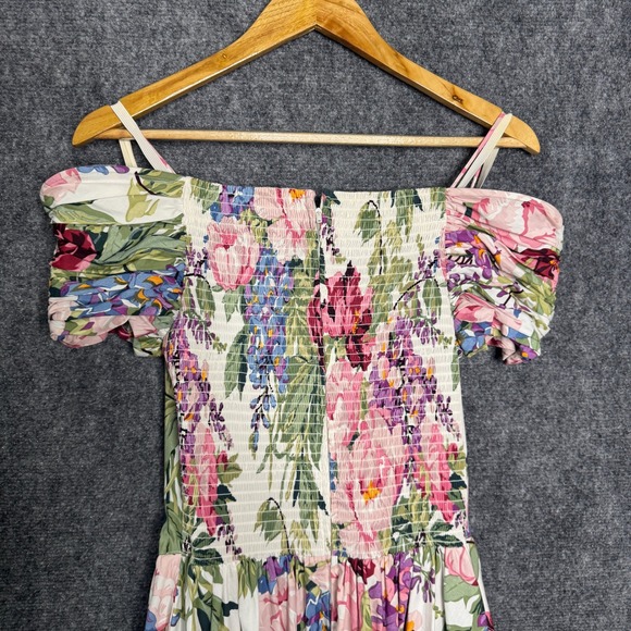 Moda Int'l Dress Women XS Floral Cold Shoulder Midi‎ Cottage Praire Garden Vtg - Picture 11 of 13